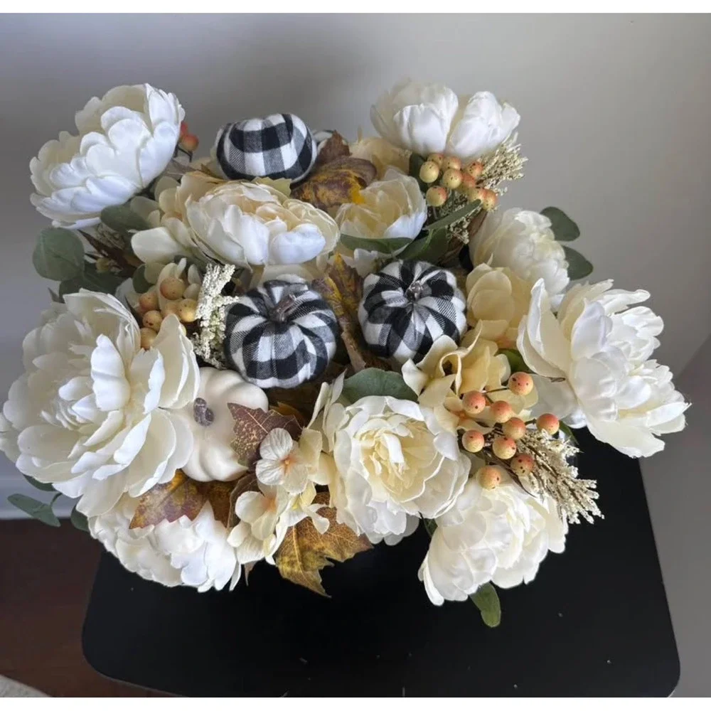 Fall Floral Stem Cream Peonies Buffalo Plaid Pumpkins White 19in Lot of 4